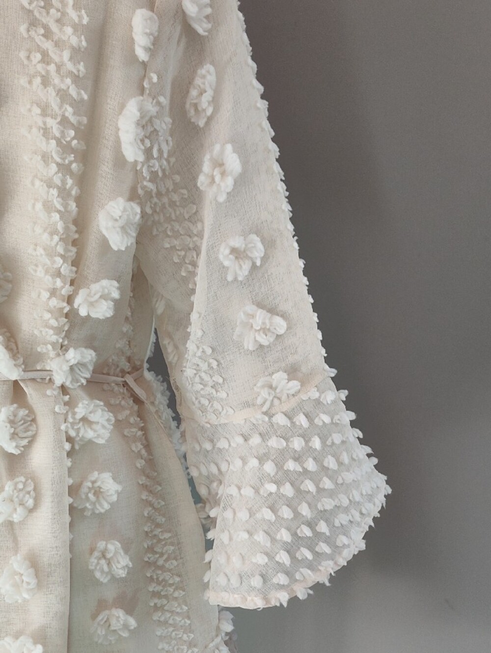 Entro Cream Textured Lined Mini Dress with Floral Appliqués And Bell Sleeves - Picture 11 of 16